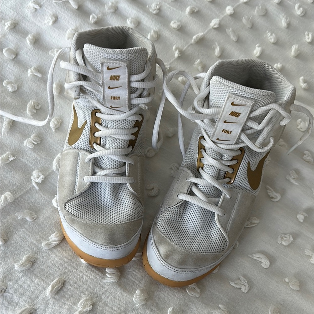 Nike White and Gold High-Top Sneakers